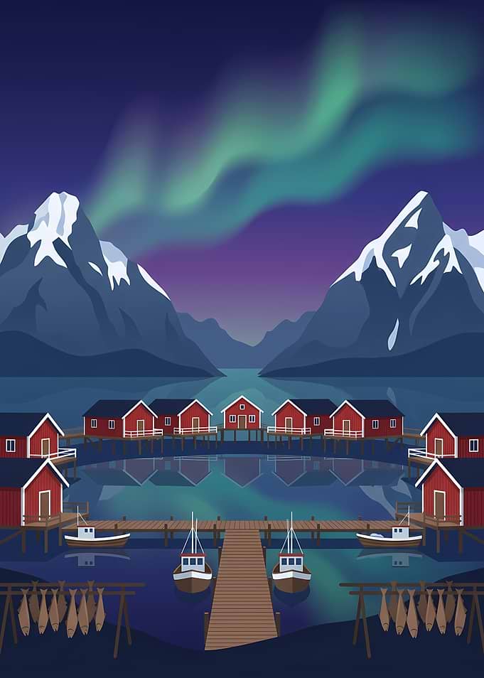 Norwegian Fishing Village Under Aurora