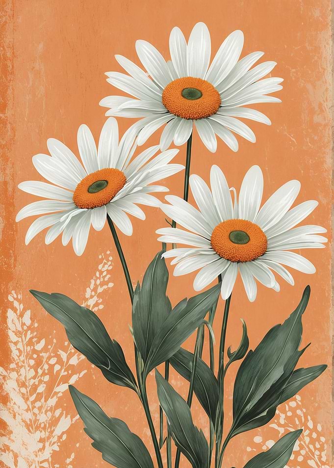 Three White Daisies on Orange Background