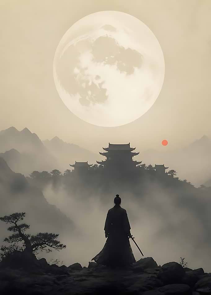 Samurai Standing Before Ancient Temple