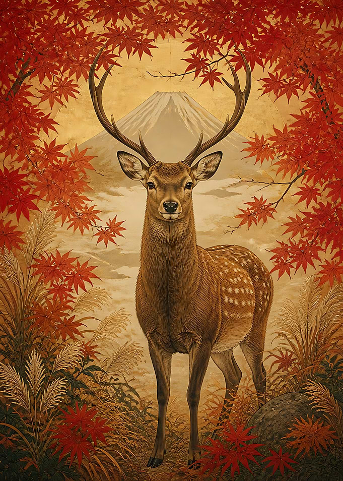 Majestic Deer Before Mount Fuji