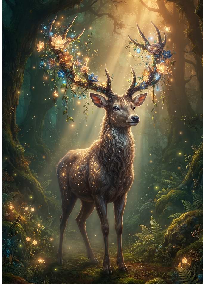 Magical Forest Deer with Floral Antlers