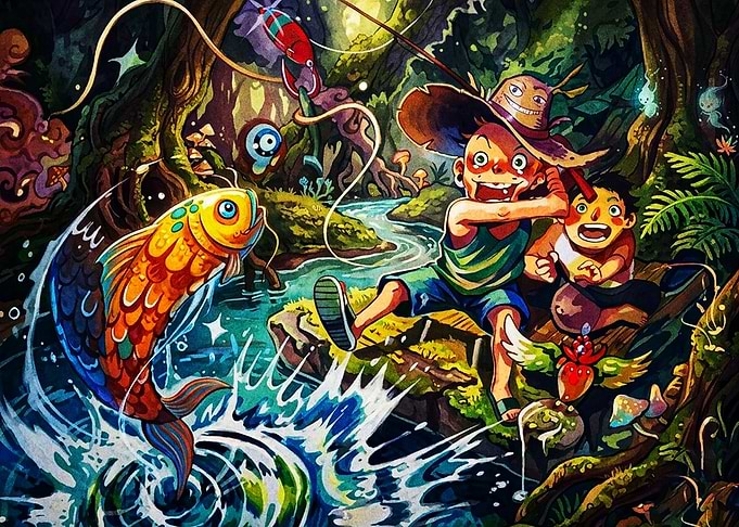 Two Boys Fishing in Magical Forest