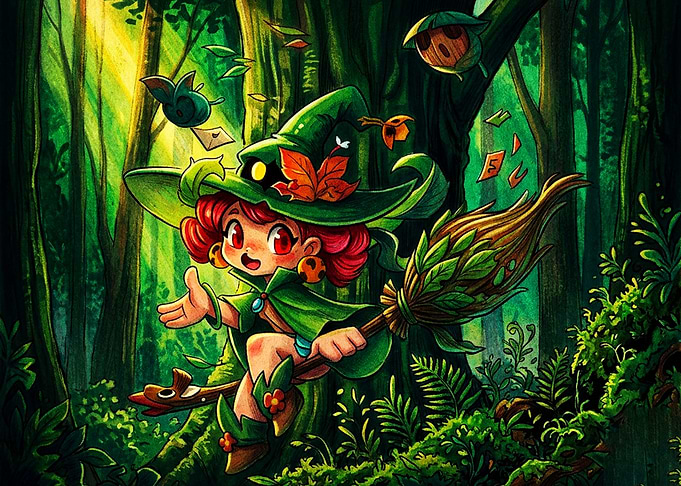 Cute Forest Witch Flying on Broom