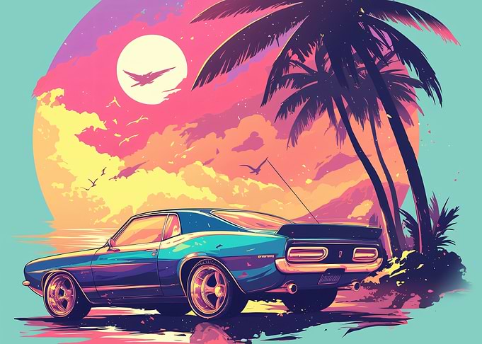 Retro Synthwave Muscle Car Sunset