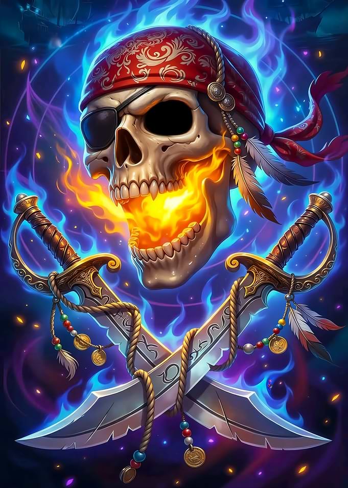 Fiery Pirate Skull with Crossed Swords