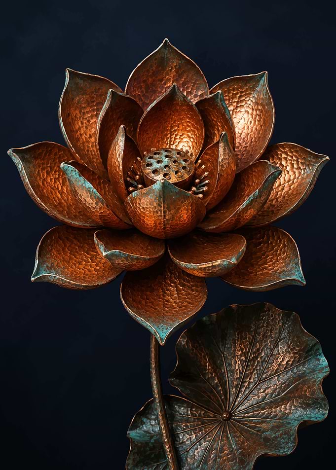 Hammered Copper Lotus Flower Sculpture