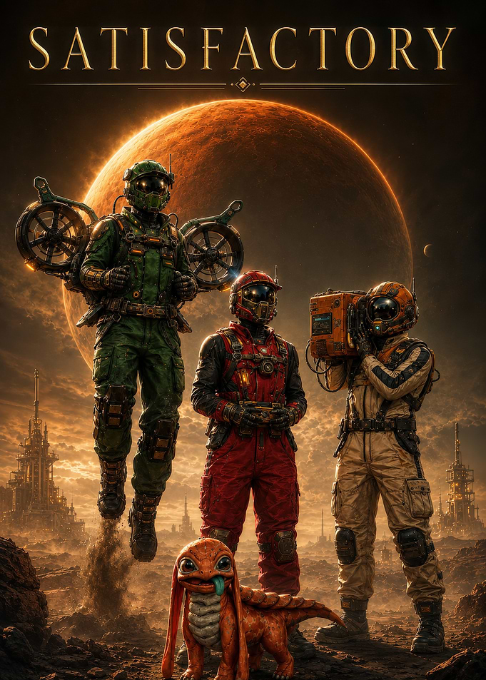 Satisfactory Game Poster with Astronauts