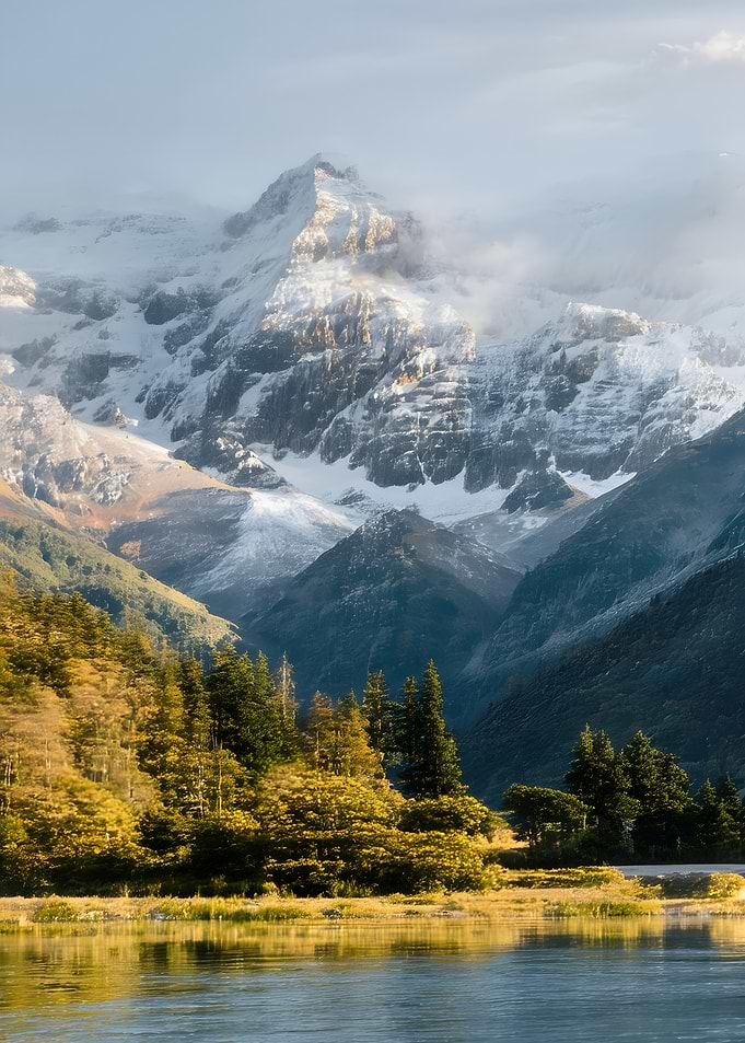 Snow-Capped Mountain Peaks Over Lake