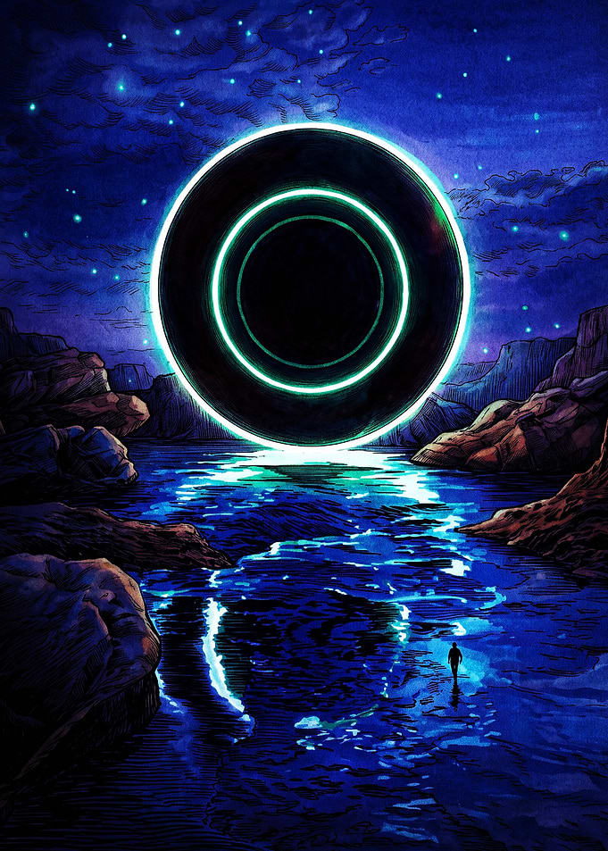 Surreal Glowing Portal Over Water