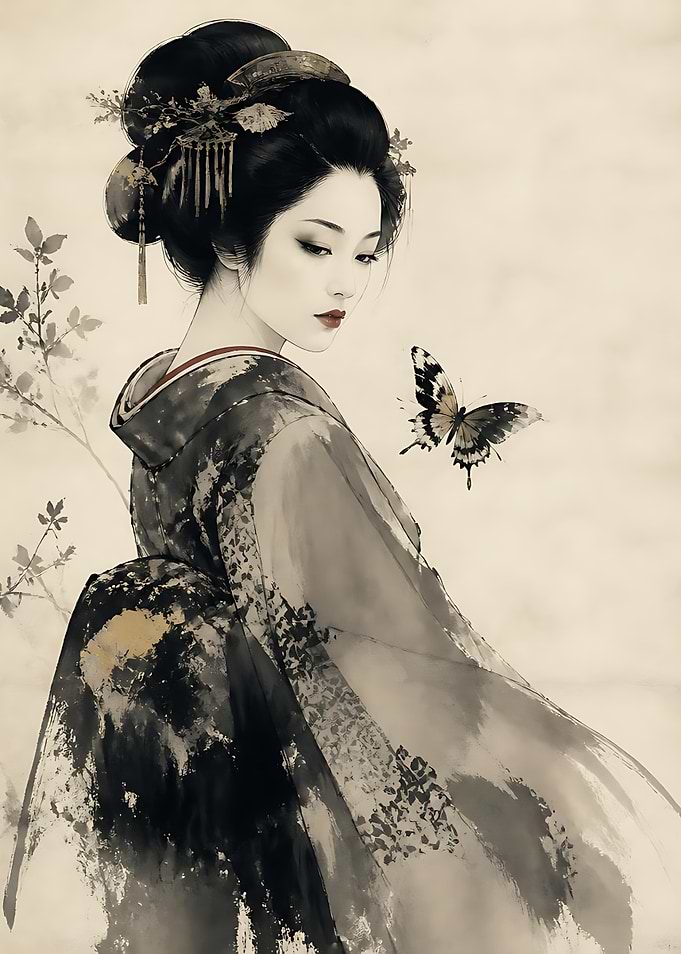 Geisha with Butterfly Ink Wash Painting