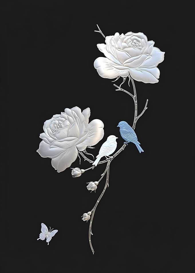 Silver Rose Branch with Birds