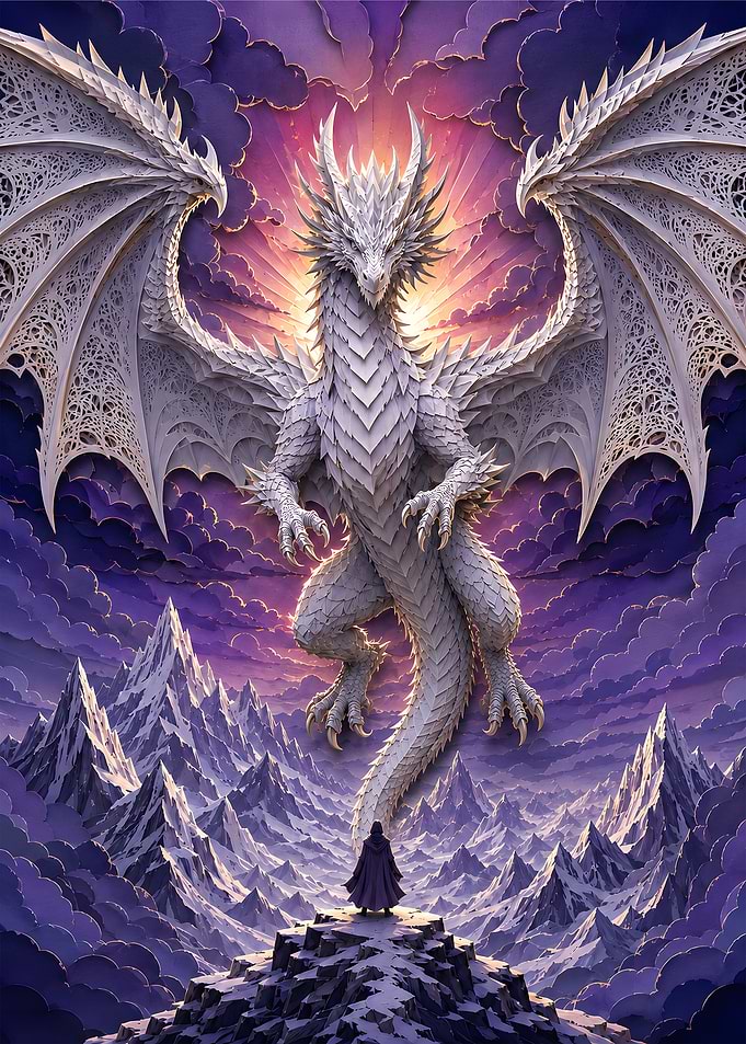 Twilight Ridge White Dragon Paper Art