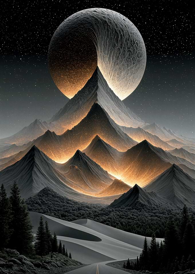 Surreal Mountain Landscape Under Giant Moon