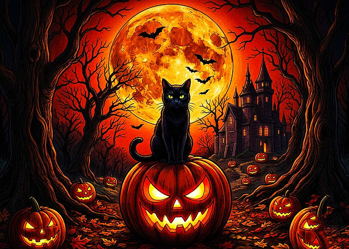 Black Cat on Halloween Pumpkin