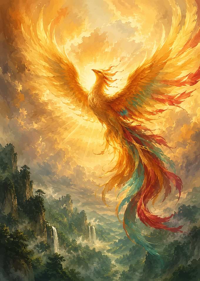 Majestic Phoenix Rising Over Mountains