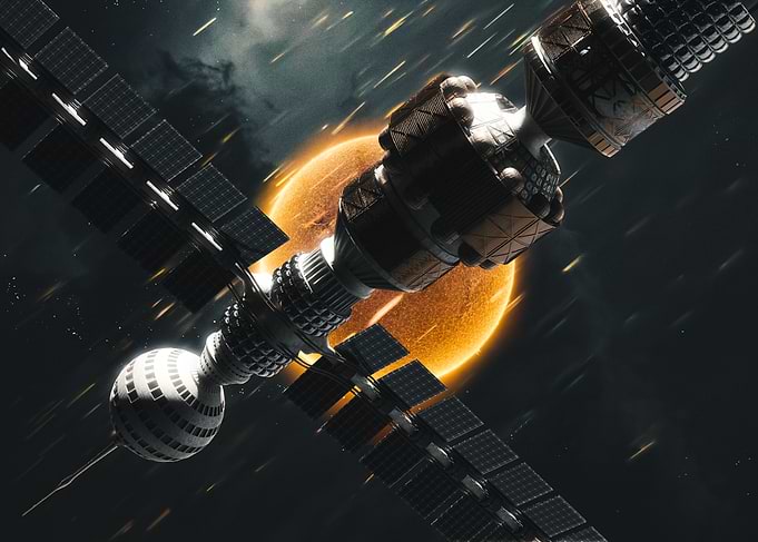 Space Station Orbiting Glowing Planet