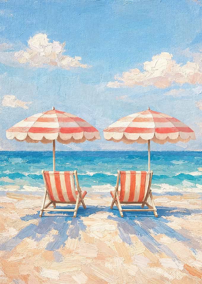 Pink Striped Beach Umbrella and Chairs Poster