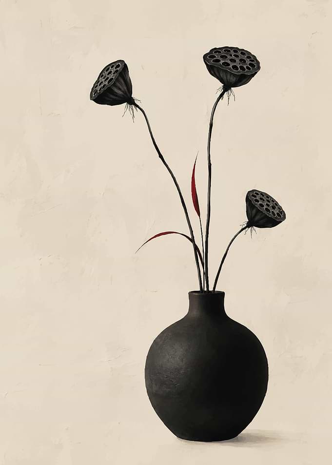 Minimalist Black Lotus Pods in Vase