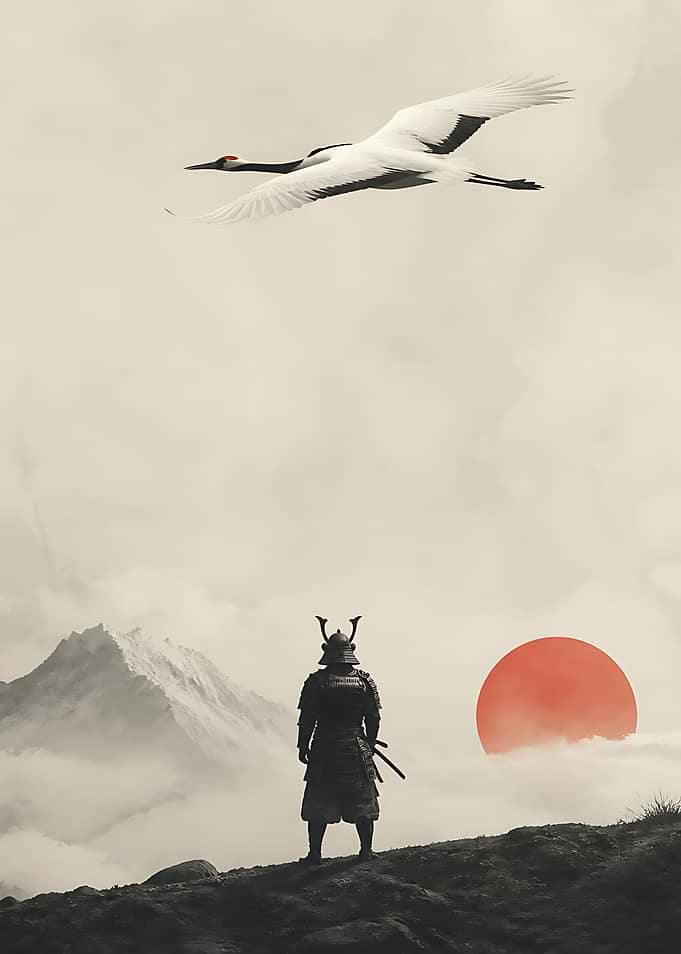 Samurai Standing Before Red Sun