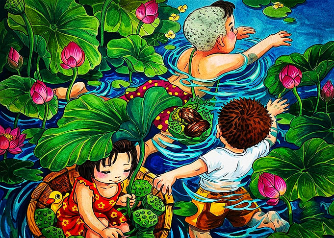Children Playing in Lotus Pond
