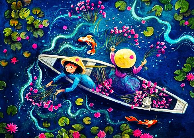 Two Girls Harvesting Lotus Flowers