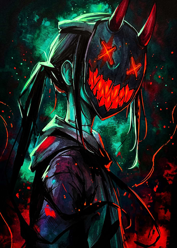 Dark Anime Girl with Oni Mask