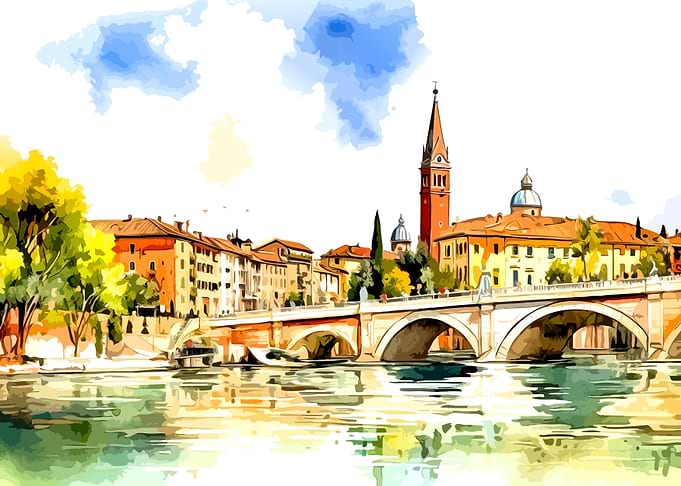 Watercolor Painting of Italian River City