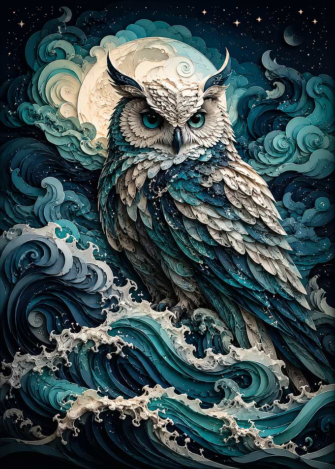 Papercraft Owl Over Ocean Waves