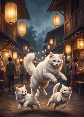 White Cats Playing in Night Market
