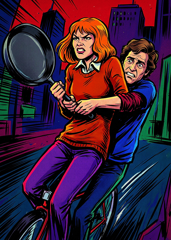 Comic Style Couple Fleeing on Bicycle
