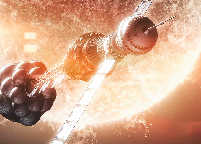 USSR Spacecraft Orbiting a Burning Sun