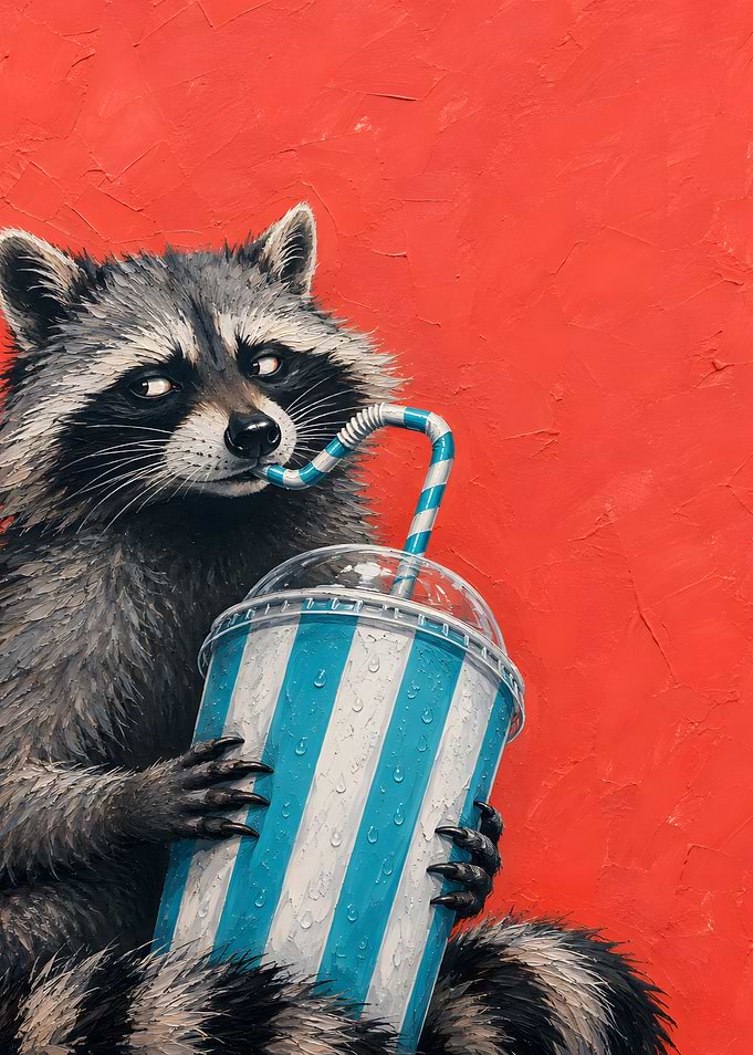 Raccoon Drinking from Striped Cup