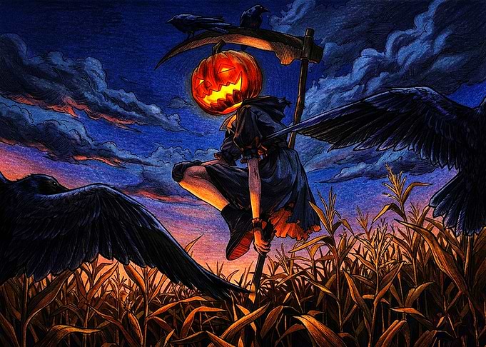 Pumpkin Head Reaper in Cornfield
