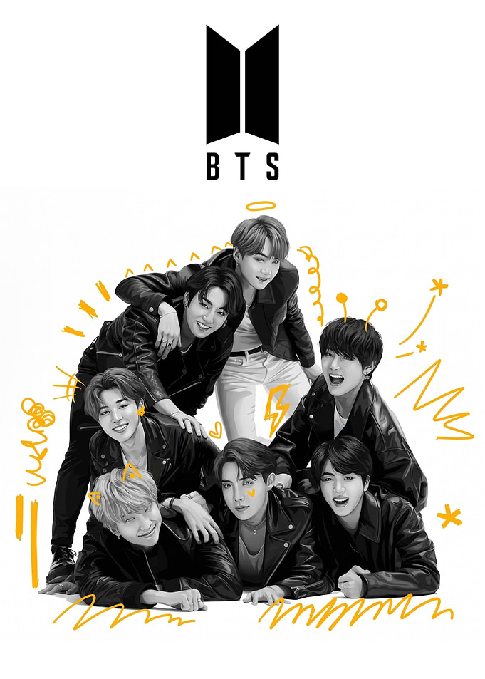 BTS Group Portrait with Yellow Doodles