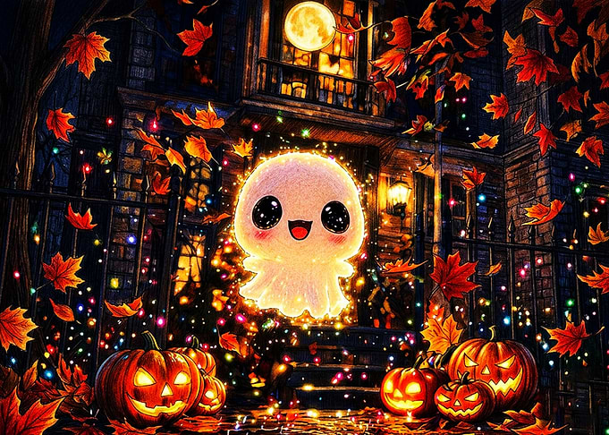 Cute Glowing Ghost Halloween Scene