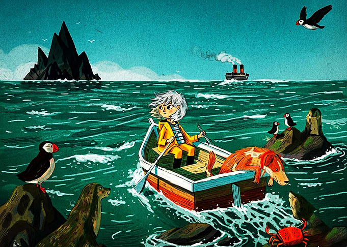 Girl Rowing Boat with Dog