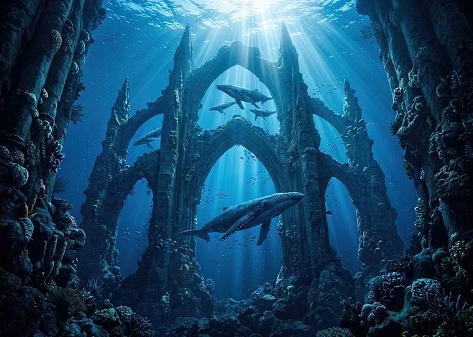 Whales Swimming Through Underwater Gothic Ruins