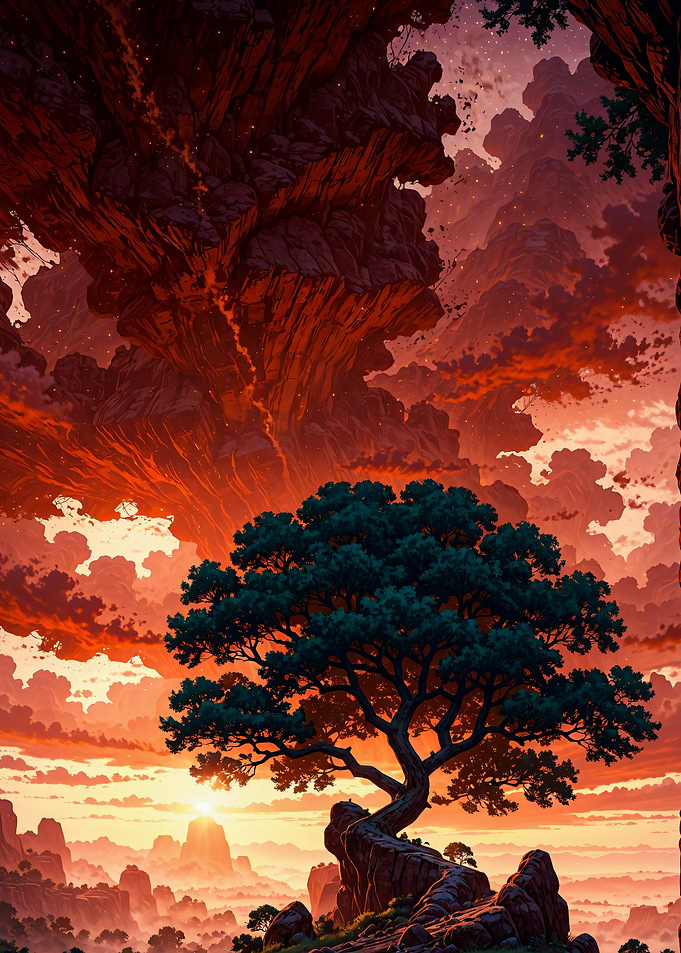 Lone Ancient Tree Under Fiery Sky Landscape