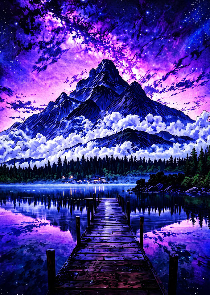Purple Galaxy Mountain Lake Pier