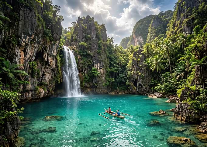 Tropical Waterfall Lagoon with Outrigger Boat