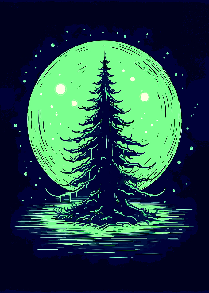 Glowing Pine Tree Under Full Moon