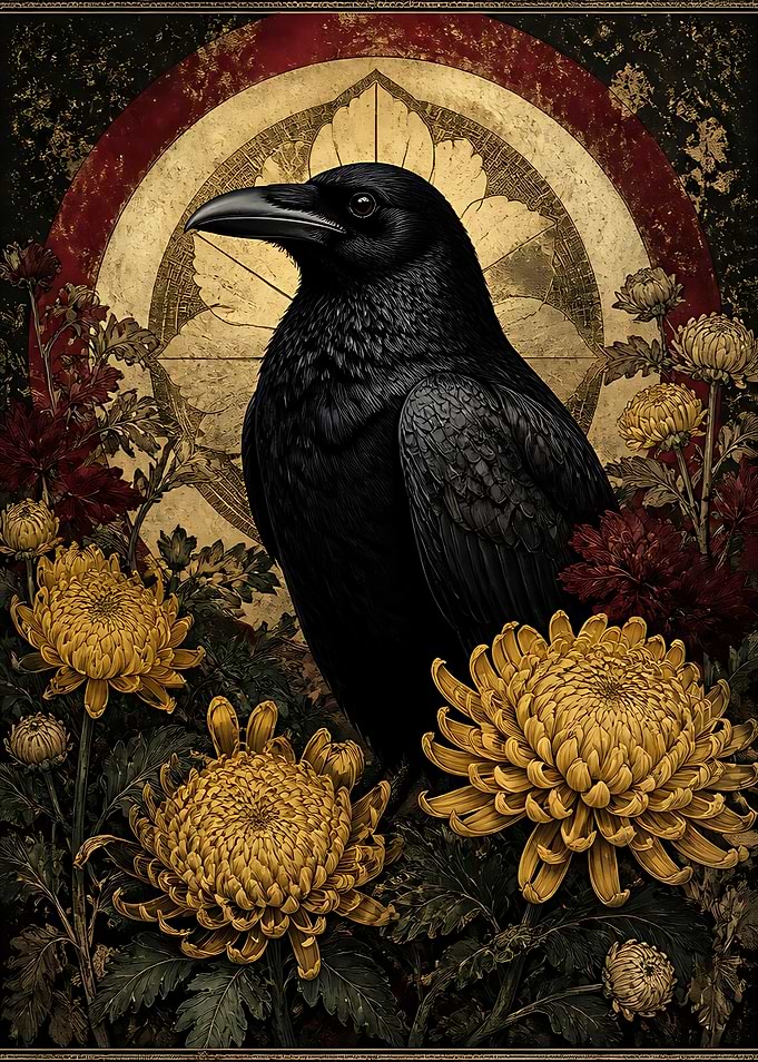Raven Amidst Golden Chrysanthemums