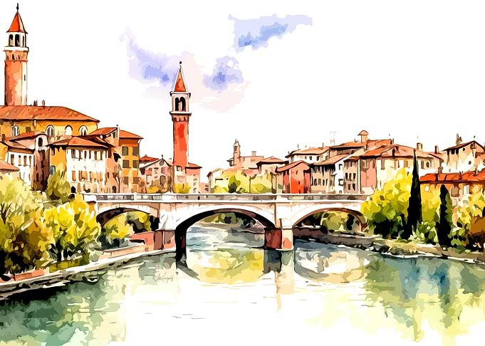 Watercolor Painting of Italian River Town