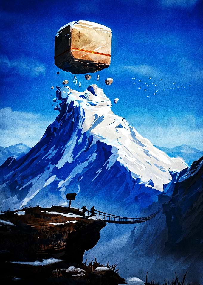 Floating Cube Above Snowy Mountain