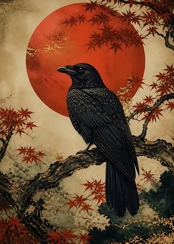 Raven Perched Before Red Sun