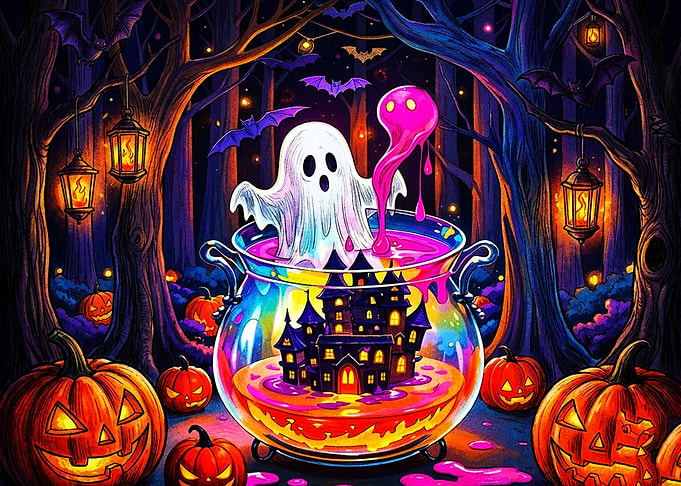 Halloween Ghost and Haunted Cauldron