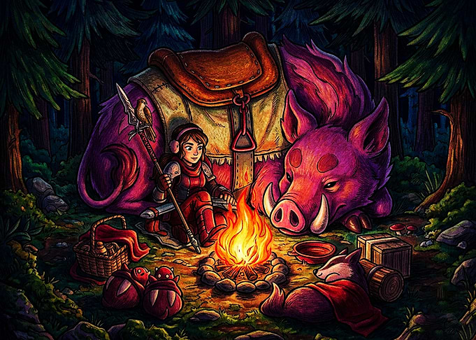 Warrior Resting by Campfire with Boar