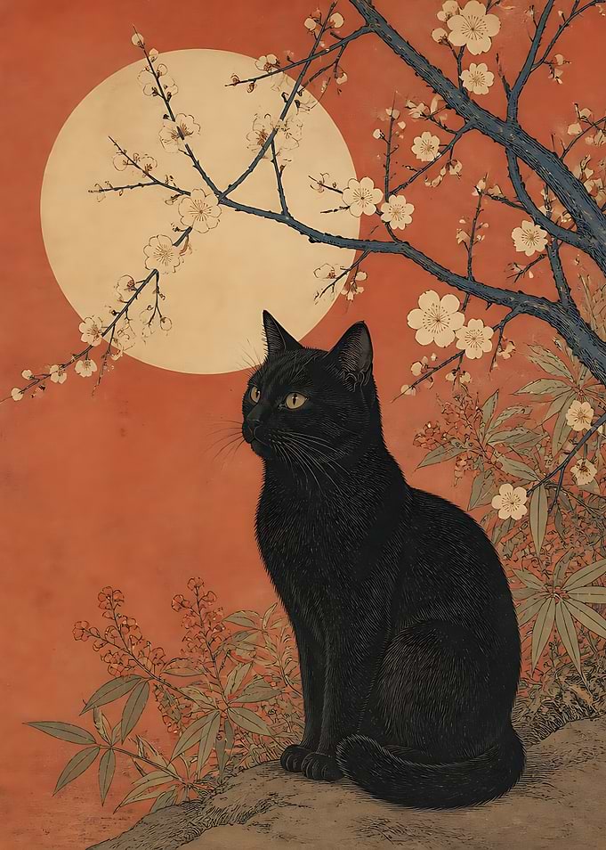 Black Cat Under Moonlit Cherry Blossoms
