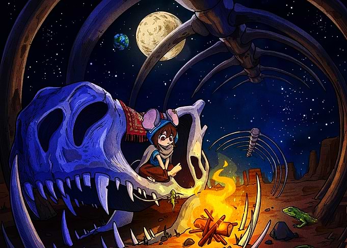 Mouse Girl Camping in Dinosaur Skeleton