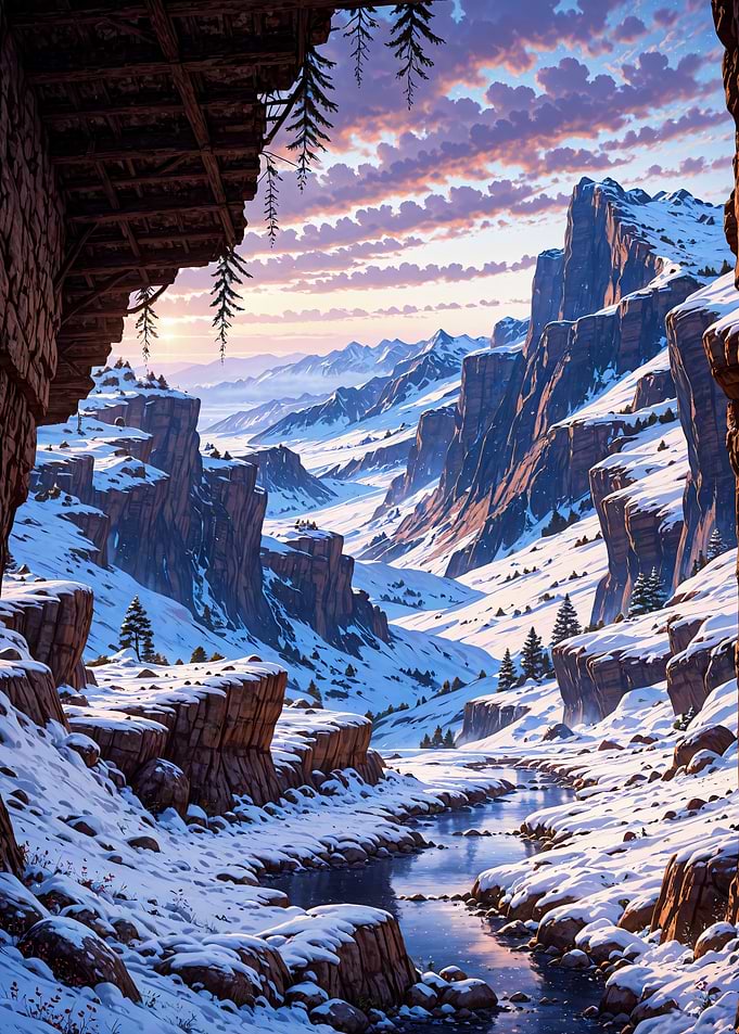 Snowy Mountain Valley at Sunset Landscape